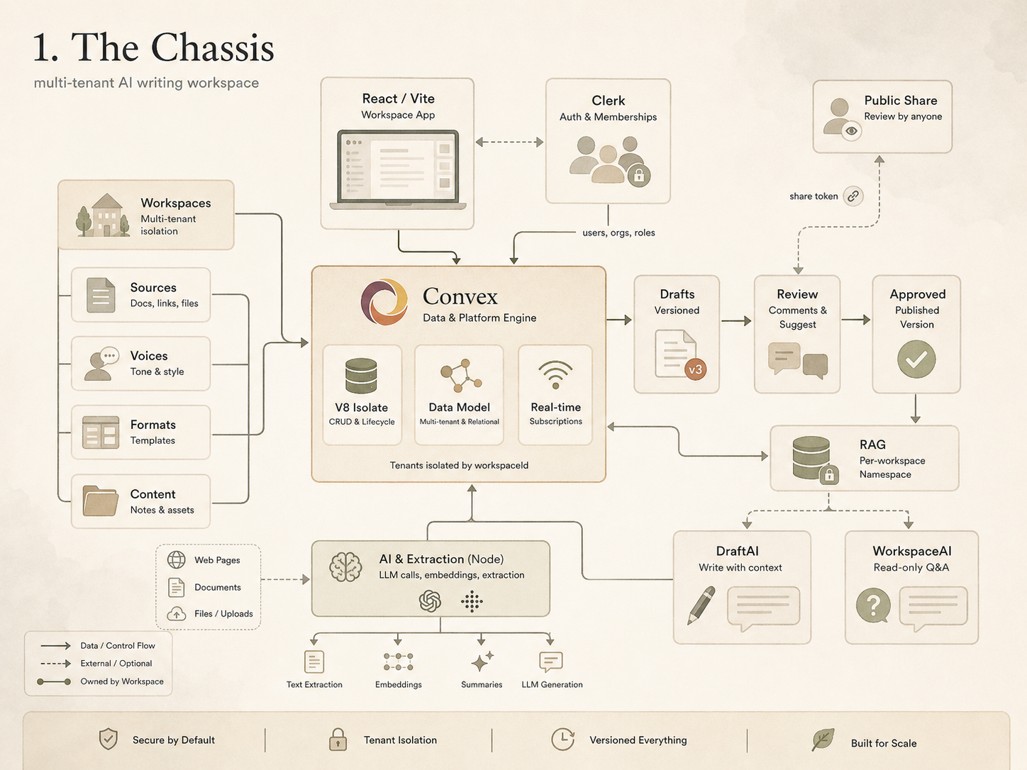 Chapter 1 architectural diagram: The Chassis. Multi-tenant AI writing workspace showing workspaces, sources, voices, formats, content feeding into a Convex core, with Drafts → Review → Approved leading to RAG and the two AI surfaces.